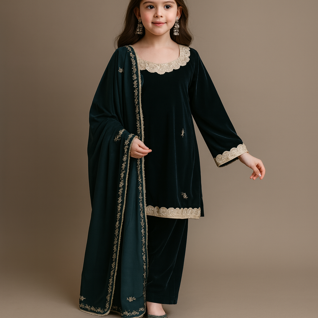 Pre Order: Bottle Green Velvet Embroidered Dupatta Suit Set