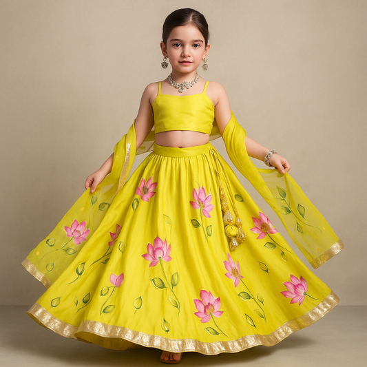 Pre Order: Yellow Floral Printed Lehenga Set