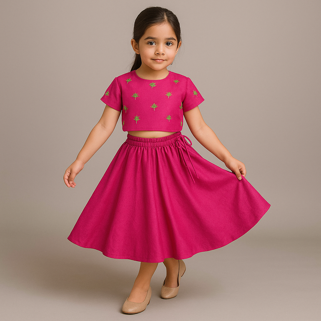 Pink Bird Embroidered Top And Lehenga