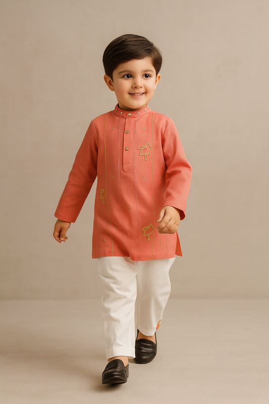 Pre Order: Red Bead And Sequin Embellished Kurta With Pyjama