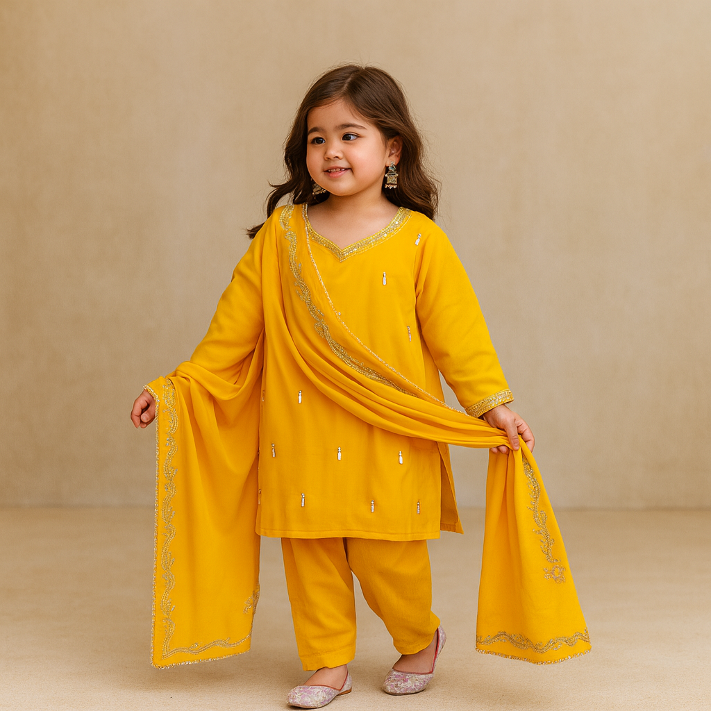 Pre Order: Yellow Velvet Embroidered Dupatta Suit Set