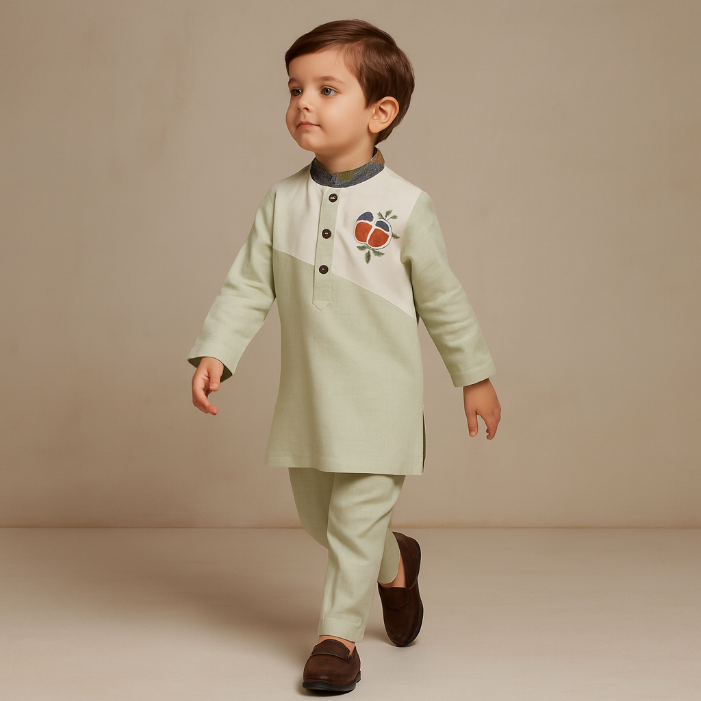 Pre Order: Dual Tone Bird Embroidered Kurta With Pant