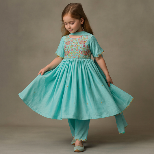 Pre Order: Blue Embroidered Kurti With Salwar And Dupatta