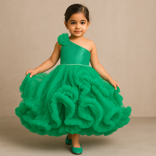 Pre Order: Sequins Embellished One Shoulder Ruffle Layered Party Wear Sea Green Gown