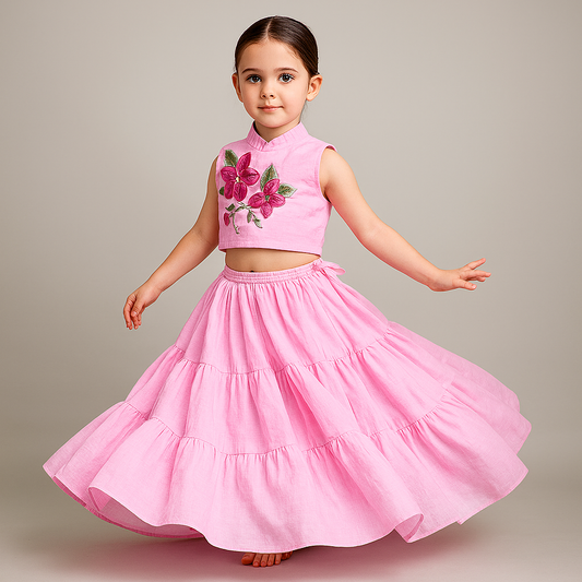 Pre Order: Purplish Pink Floral Thread Embroidered Pleated Neck Top With Ruffle Layered Lehenga
