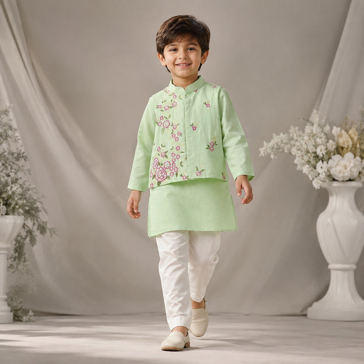 Pre Order: Ethnic Silk Kurta With Floral Embroidered Jacket And Pyjama