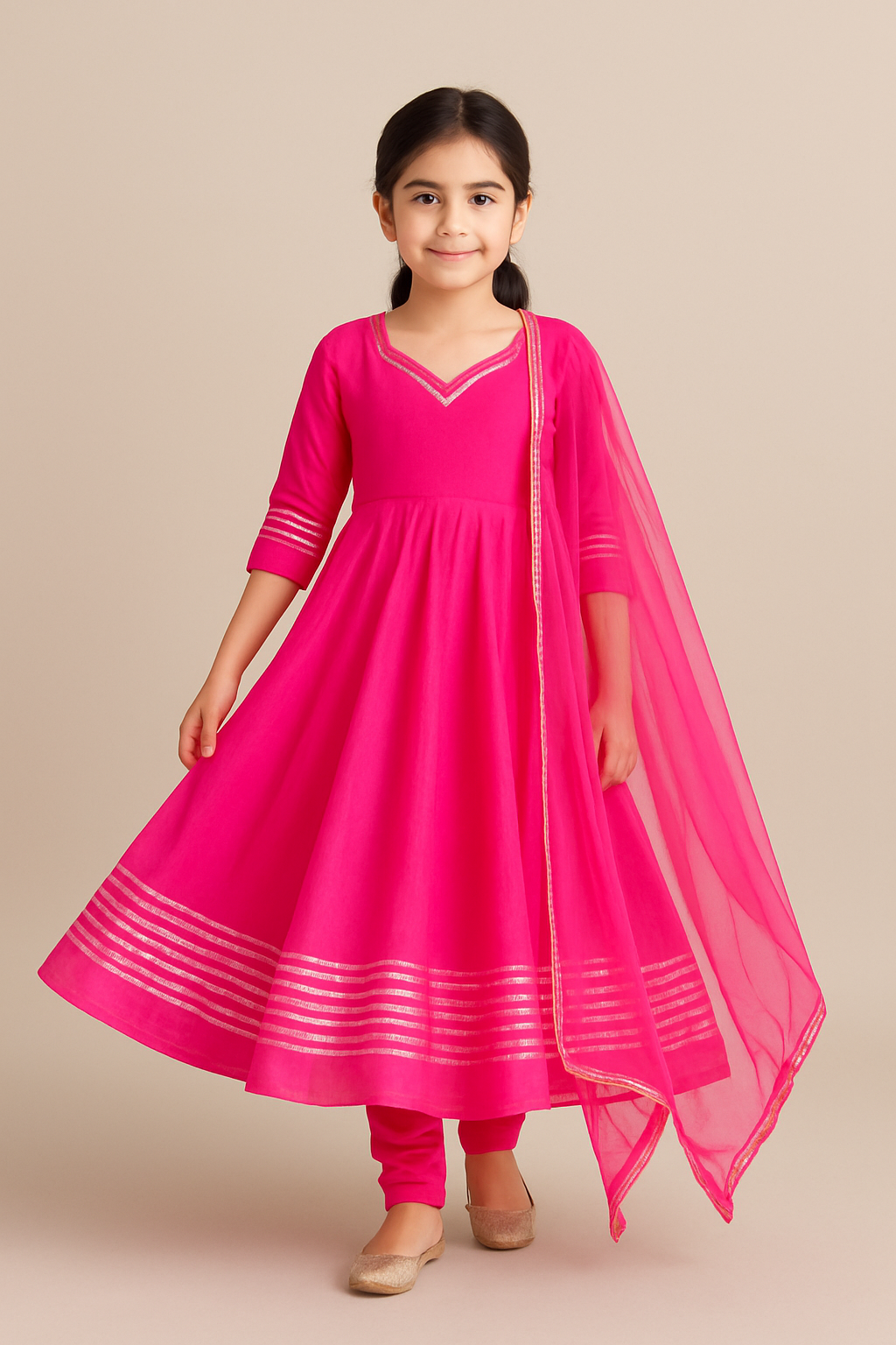 Pre Order: Hot Pink  Anarkali with Dupatta Gota Detailing