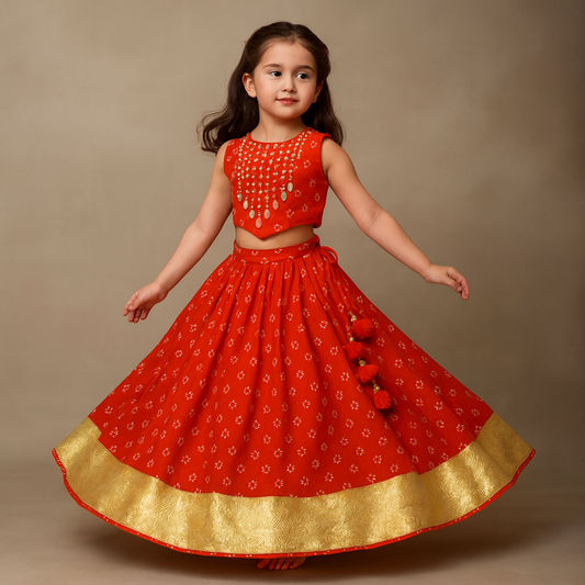 Pre Order: Red Mirror Embroidered Bandhej Printed Top With Matching Lehenga