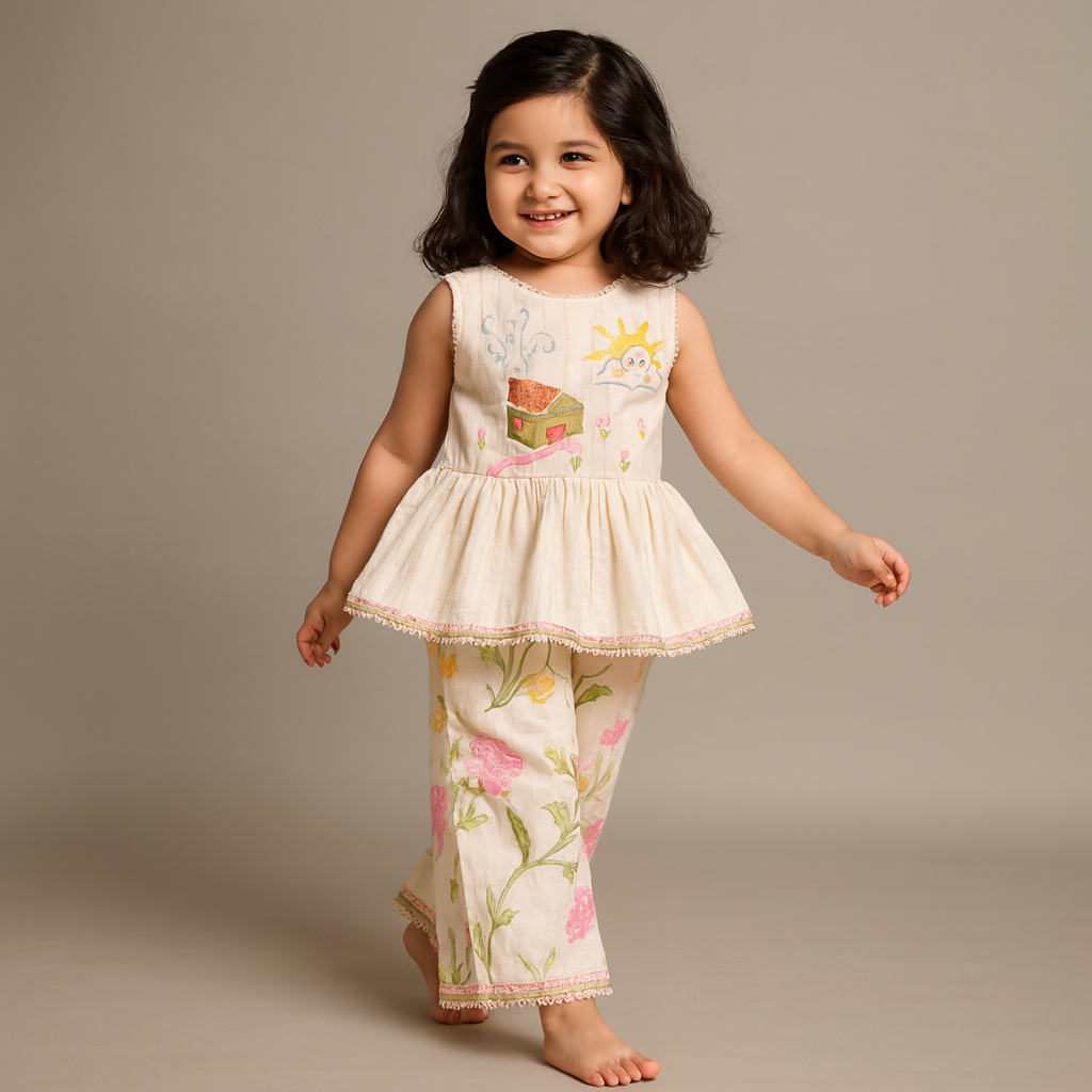 Pre Order: Multicolour Embroidered Peplum Kurti With Floral Printed Culotte