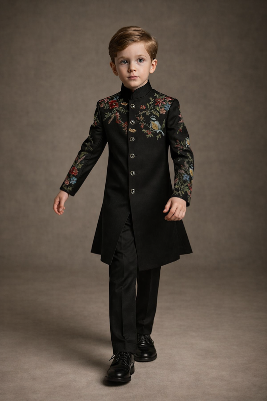 Pre Order: Noir Royal Garden Embroidered Sherwani And Pant