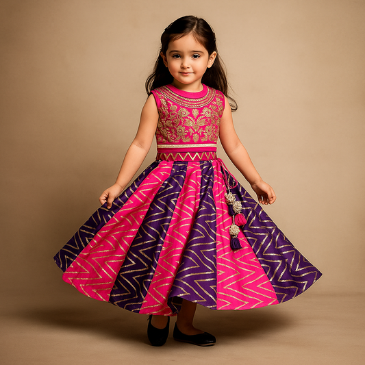 Pre Order: Pink Embroidered Top With Colour Blocked Lehenga