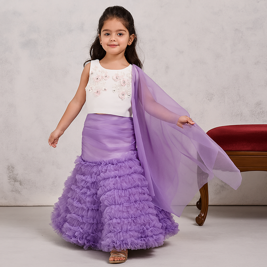 Pre Order: Sequin Flowers And Stones Studded Top With Mermaid Style Lehenga