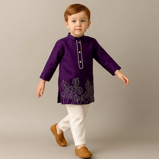 RTD Pre Order: Purple Leaf Embroidered Kurta With Pyjama