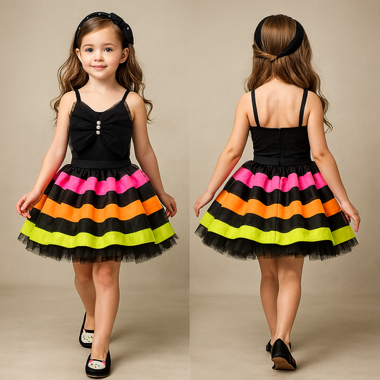 Pre Order: Black Frilly Bow Top And Multi Colour Lace Applique Skirt