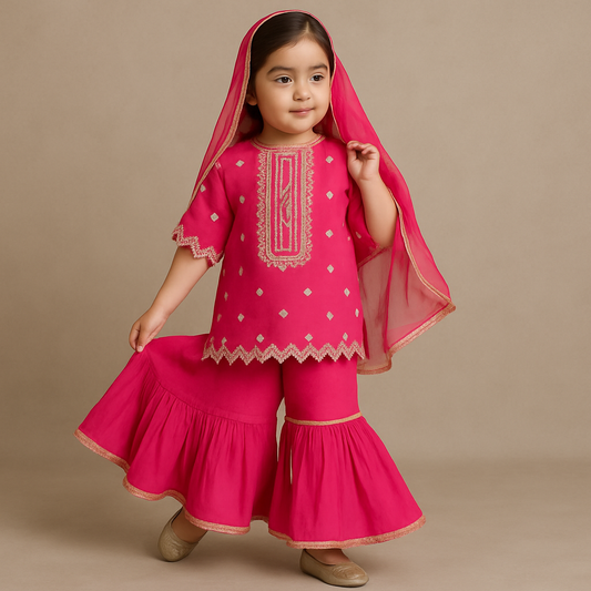Pre Order: Embroidered Pink Kurti With Sharara And Dupatta