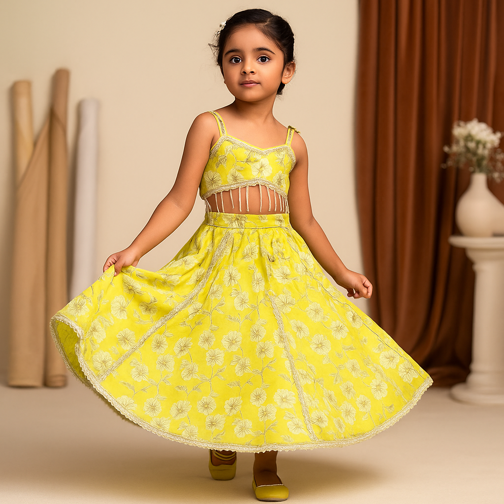 Pre Order: Green Floral Printed Strappy Top And Lehenga With Dupatta