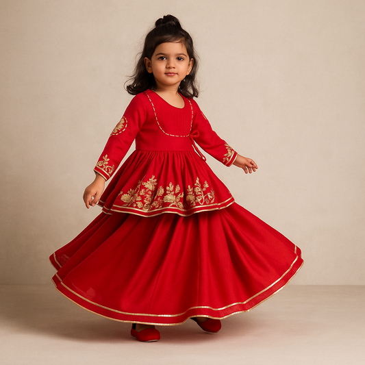 Pre Order: Red Embroidered Angarkha Style Peplum Top And Lehenga