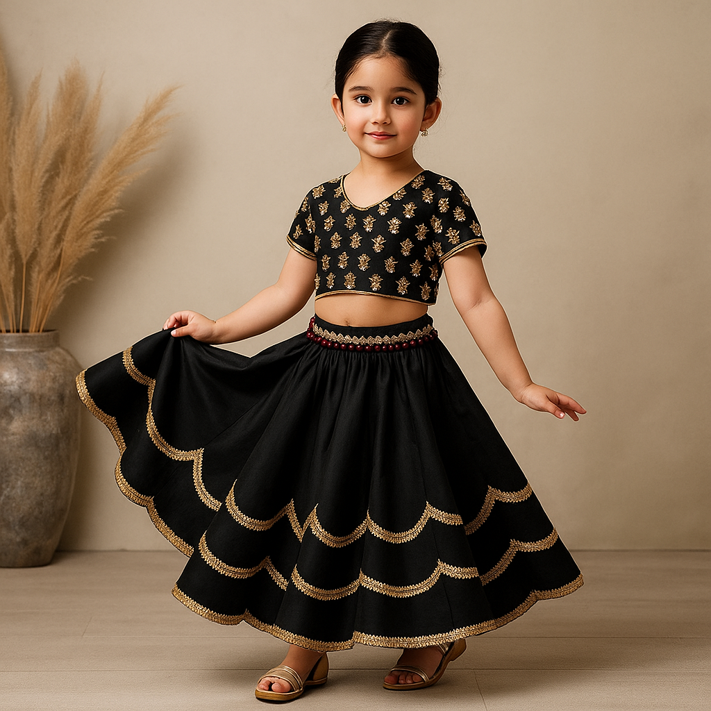 Pre Order: Sequins Floral Embroidered Short Sleeves Black Top And Contrasting Tassels Enhanced Lehenga With Matching Net Dupatta