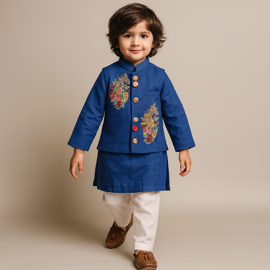 Pre Order: Pin Tuck Detailed Kurta With Embroidered Jacket And Pyjama