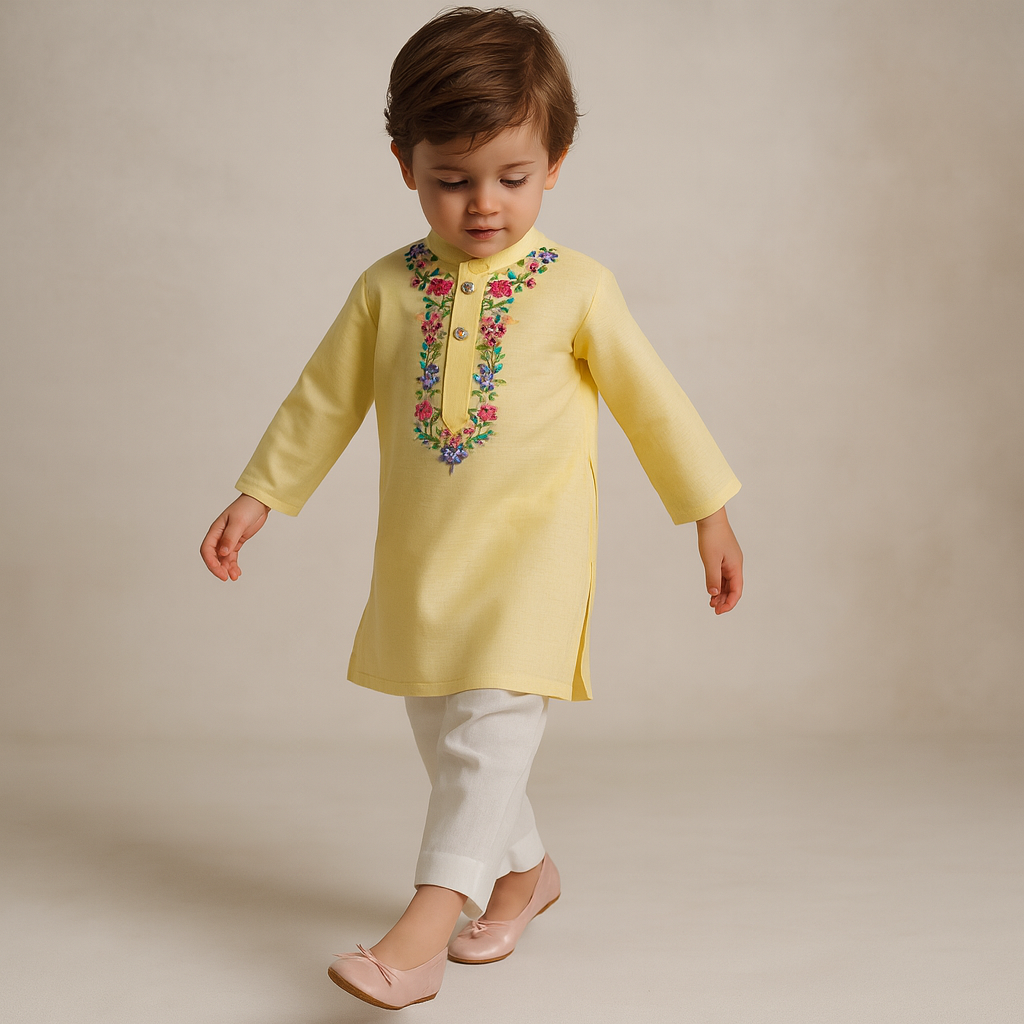 Pre Order: Floral Embroidered Yellow Kurta And Pyjama