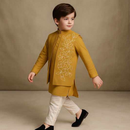 Pre Order: Mustard Embroidered Sherwani And Pant