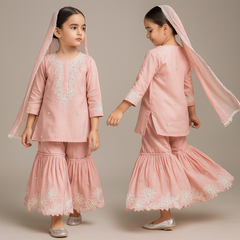 Pre Order: Front Placket Kurti And Pleated Sharara With Net Dupatta