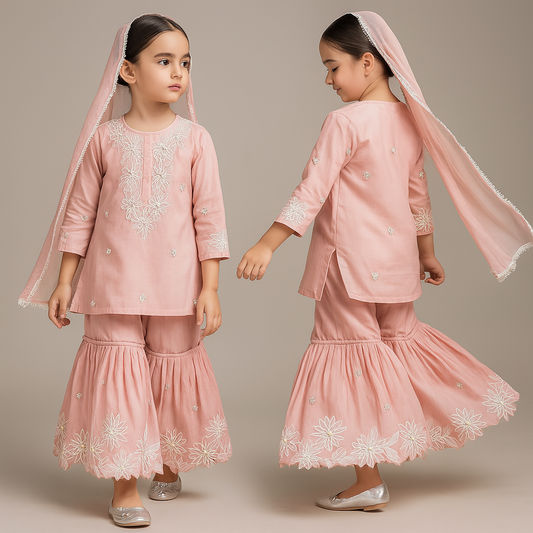 Pre Order: Peach Front Placket Kurti And Pleated Sharara With Net Dupatta