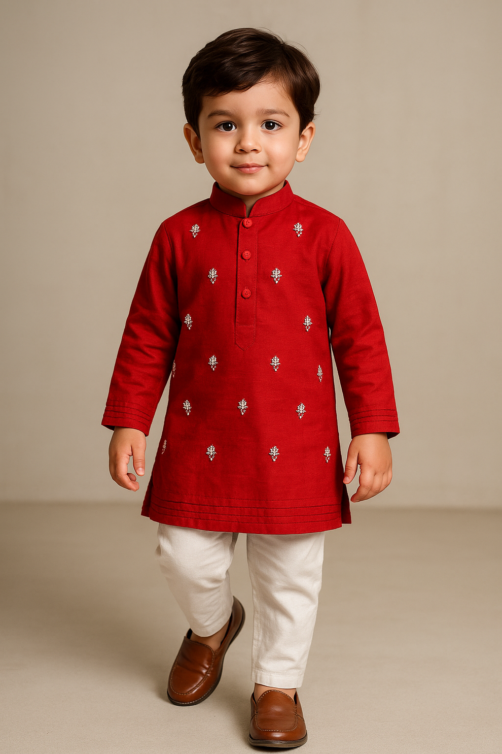 Pre Order: Silk Red Kurta And Off White Pyjama