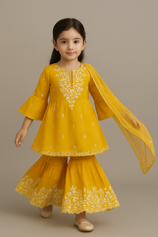 Pre Order: Shimmery Faux Mirror Embroidered Kurti With Shimmery Sharara And Dupatta