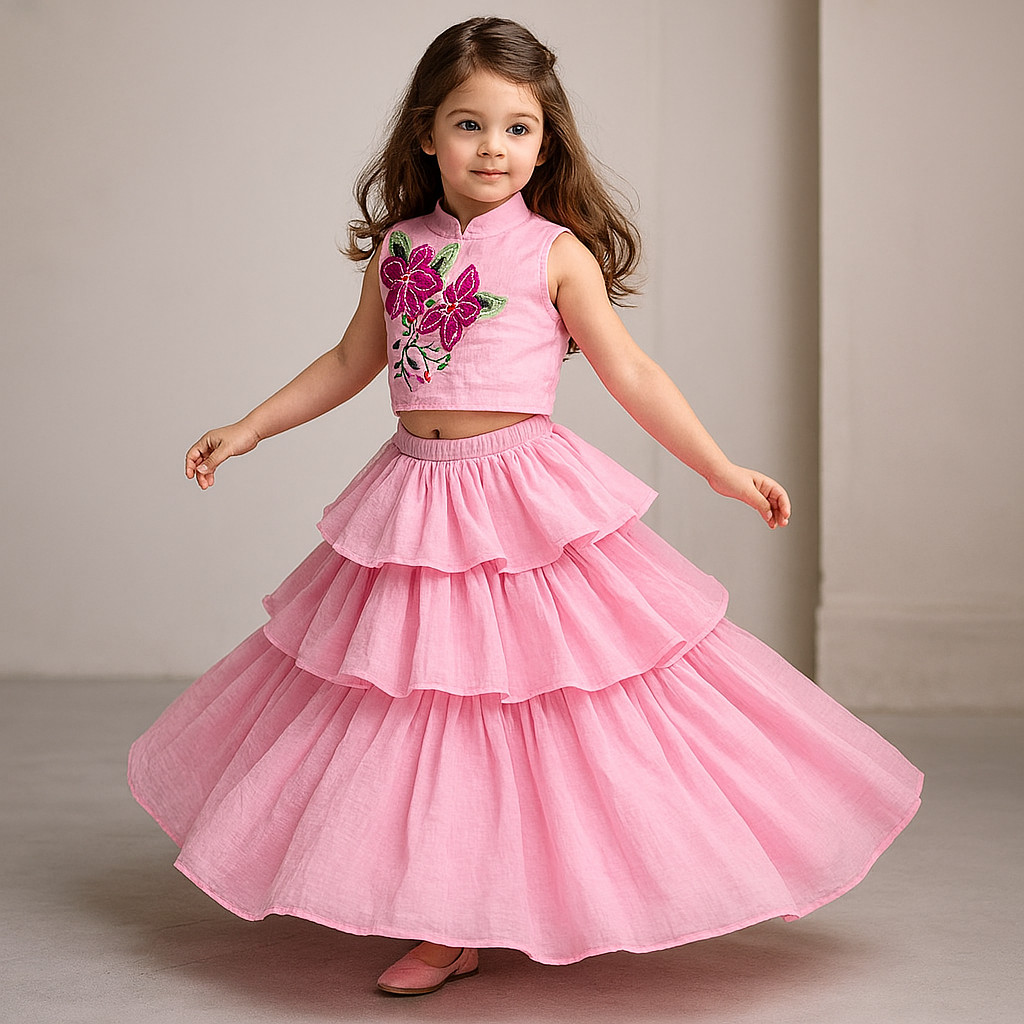 Pre Order: Blush Pink Floral Thread Embroidered Pleated Neck Top With Ruffle Layered Lehenga