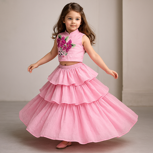 Pre Order: Blush Pink Floral Thread Embroidered Pleated Neck Top With Ruffle Layered Lehenga