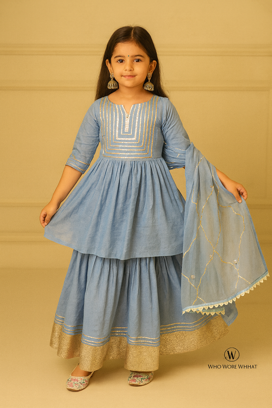 Pre Order: Gray Gota Kurti Detailing With Sharara Set