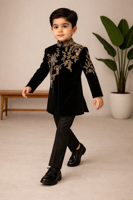 Pre Order: Prince Black Gold Sherwani And Pant