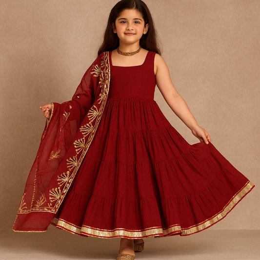 Pre Order: Maroon Anarkali Gota Detailing Suit Set