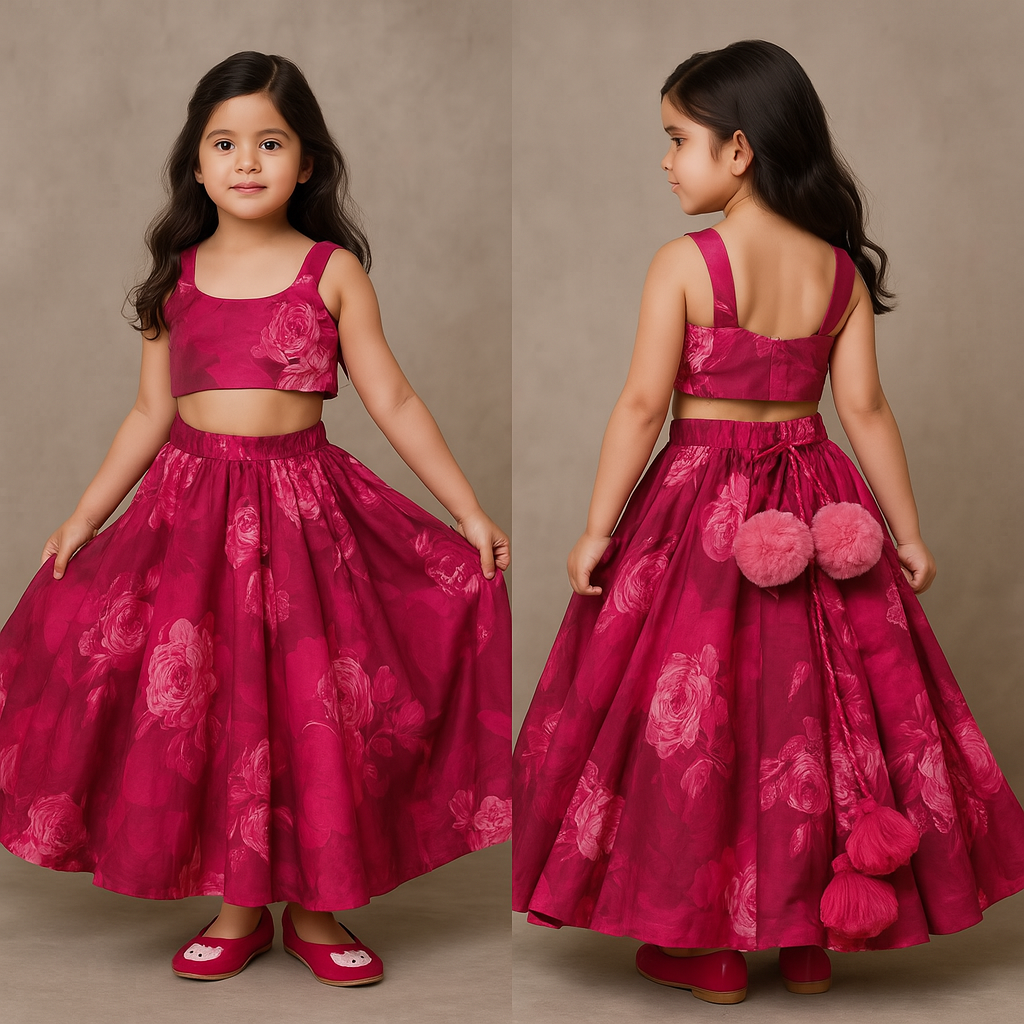 RTD Vibrant Floral Printed Pink Stylish Crop Top And Lehenga