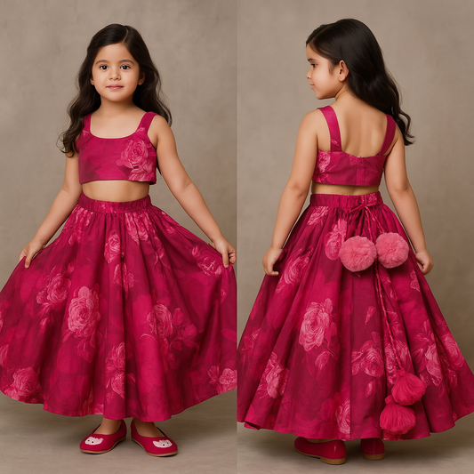 RTD Vibrant Floral Printed Pink Stylish Crop Top And Lehenga