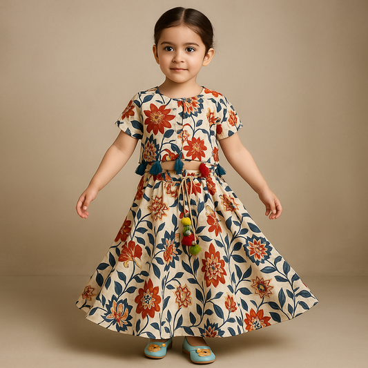 Pre Order: Flower Printed Tassel Top with Lehenga