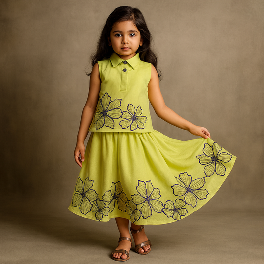 Pre Order: Floral Embroidered Shirt Style Top With Matching Lehenga