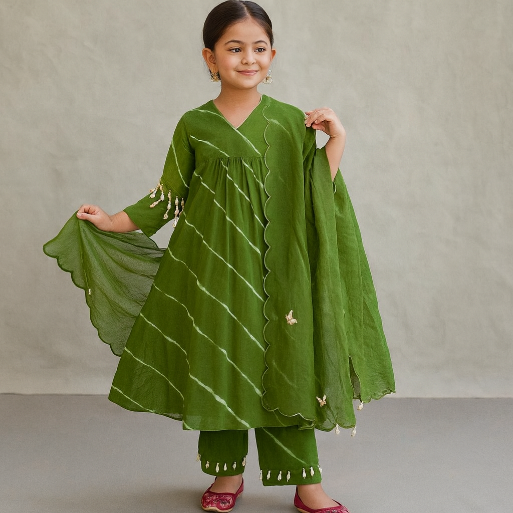 Pre Order: Green Leheriya Anarkali Suit Set