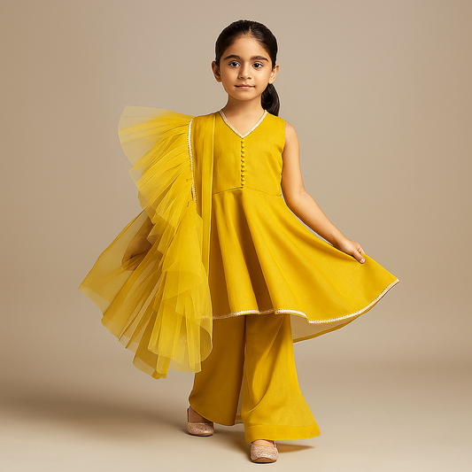 Pre Order: Mustard Kurti And Palazzo With Net Dupatta