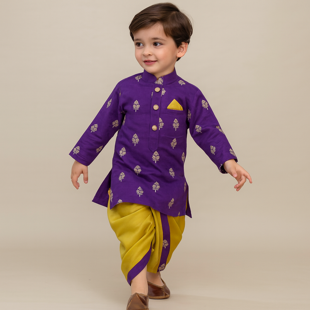 Pre Order: Embroidered Purple Kurta And Mustard Dhoti