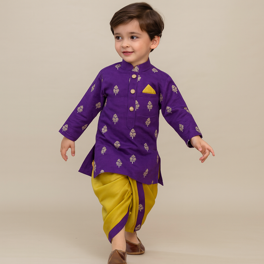 Pre Order: Embroidered Purple Kurta And Mustard Dhoti