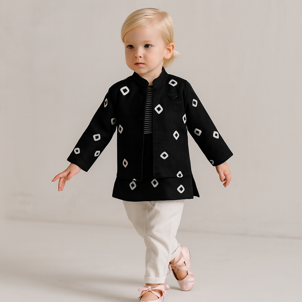 Pre Order: Bandhani Printed Black Kurta And Jacket With Off White Pyjama