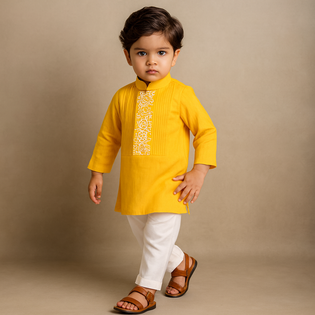 Pre Order: Yellow Embroidered Pin Tuck Detailed Kurta With Pyjama