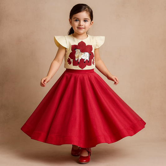 Pre Order: Thread Work Applique Top And Pink Lehenga