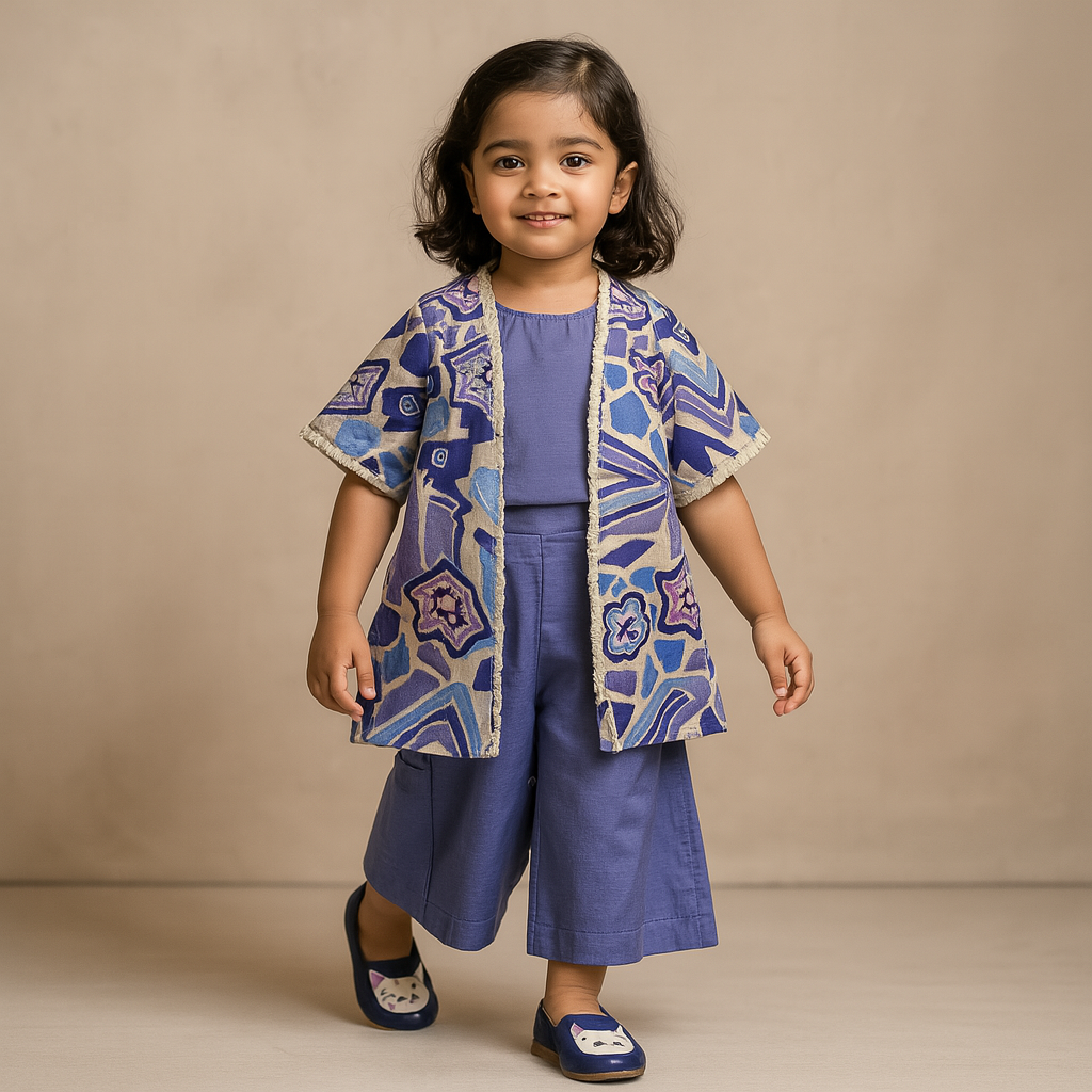 Pre Order: Blue Crop Top With Sequins Embroidered Jacket And Palazzo