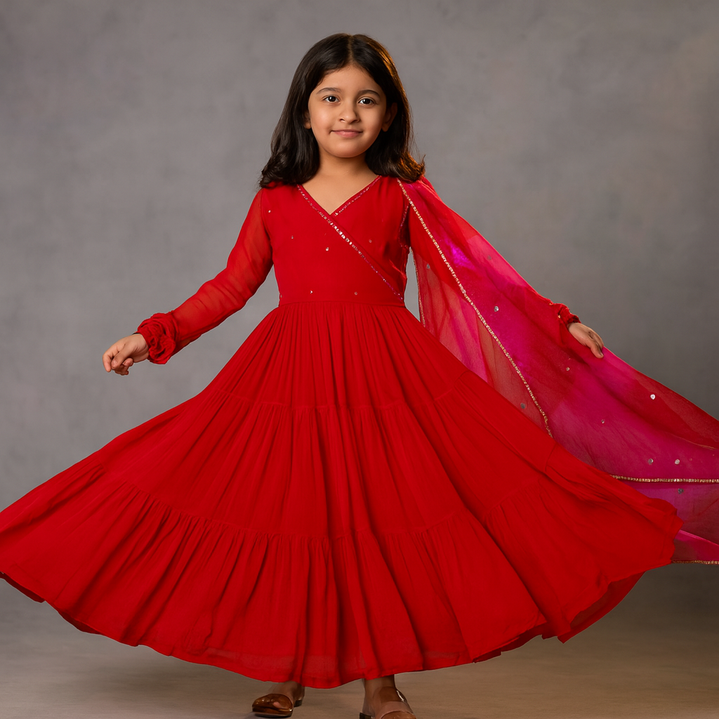 Pre Order: Red Tiered Anarkali Suit Set