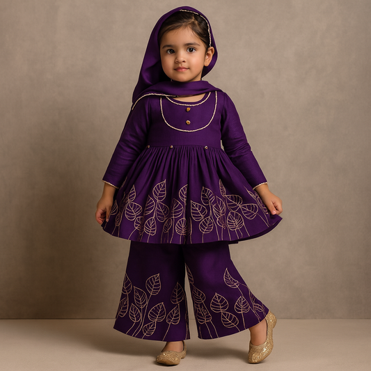 RTD Pre Order: Leaf Embroidered Kurti With Matching Embroidered Palazzo And Dupatta