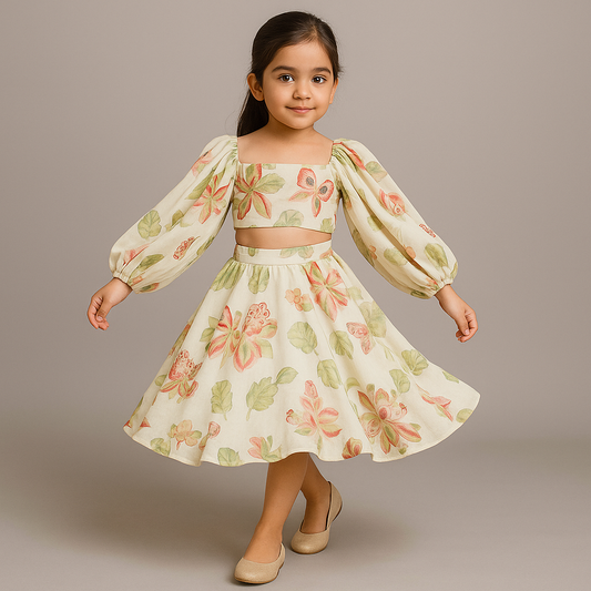 Pre Order: Beige Printed Embroidered Top And Umbrella Style Flared Lehenga