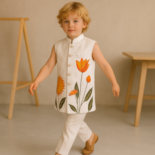 Pre Order: White Floral Hand painted Sherwani And Pant